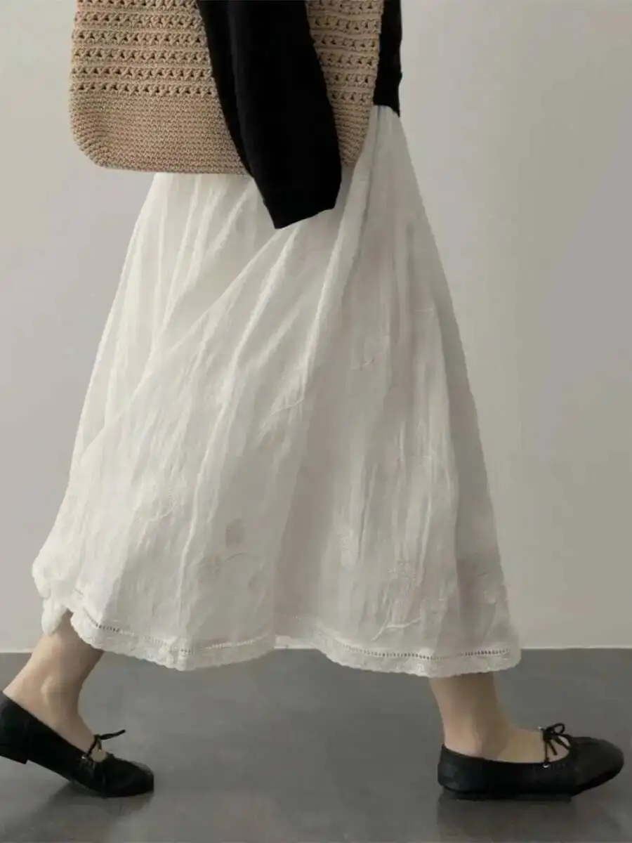 

Pure Cotton Embroidered Lace Hem Skirt Vintage Heavy Work Girl Long Skirt Slimming Effect Spring Commute Loose Casual Women JUW8