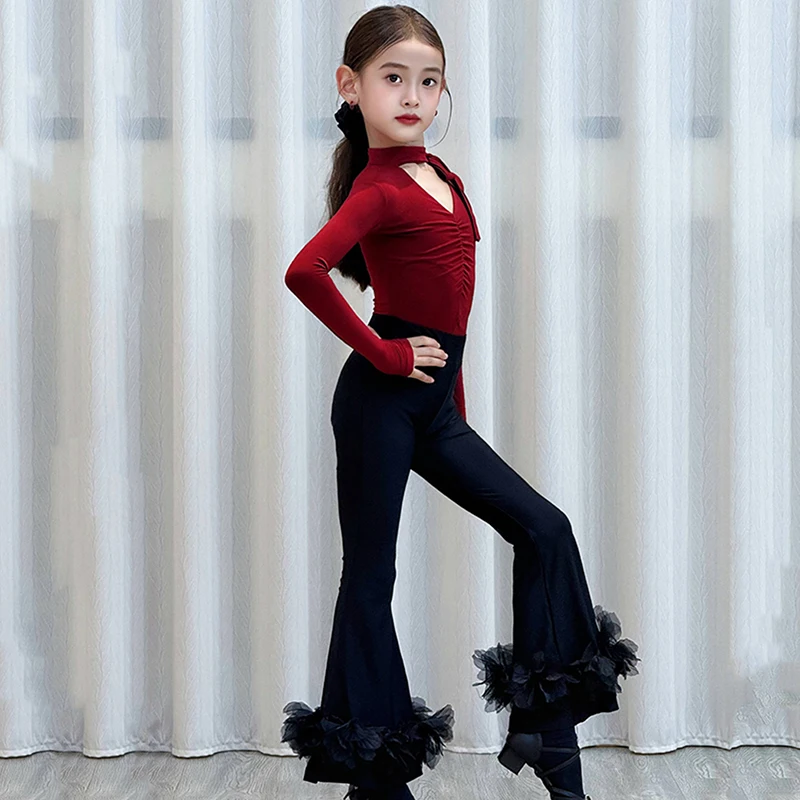 

Детский профессиональный костюм для латиноамериканских танцев: комбинезон с длинным рукавом и брюки для девочек, для тренировок и выступлений