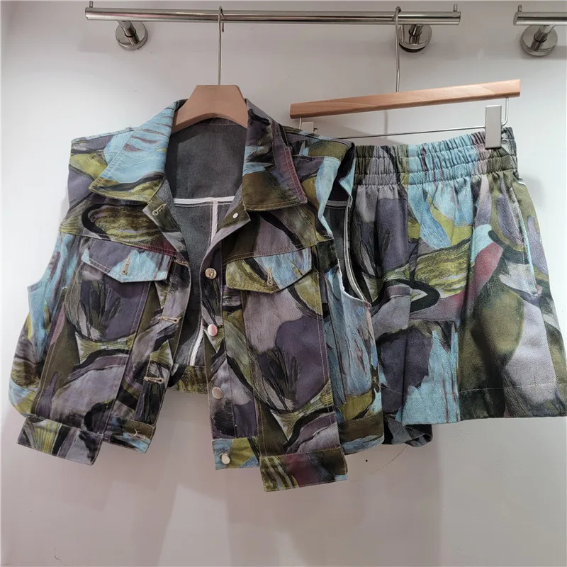 Summer Women Denim Oil Painting Denim Waistcoat Slimming Jeans Vest High Waist Cowboy Tank Tops +A-line Shorts 2Pcs Set 2025