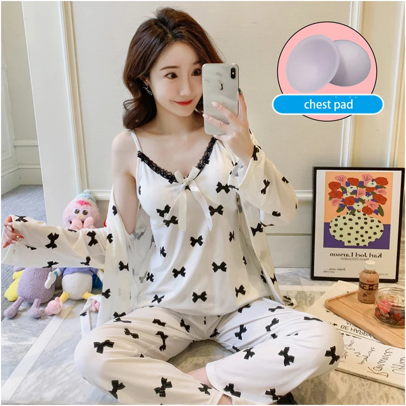 

Pajamas women's spring and autumn chest pads 2024 new ins Korean version of lace suspenders printed home clothes 3-piece set