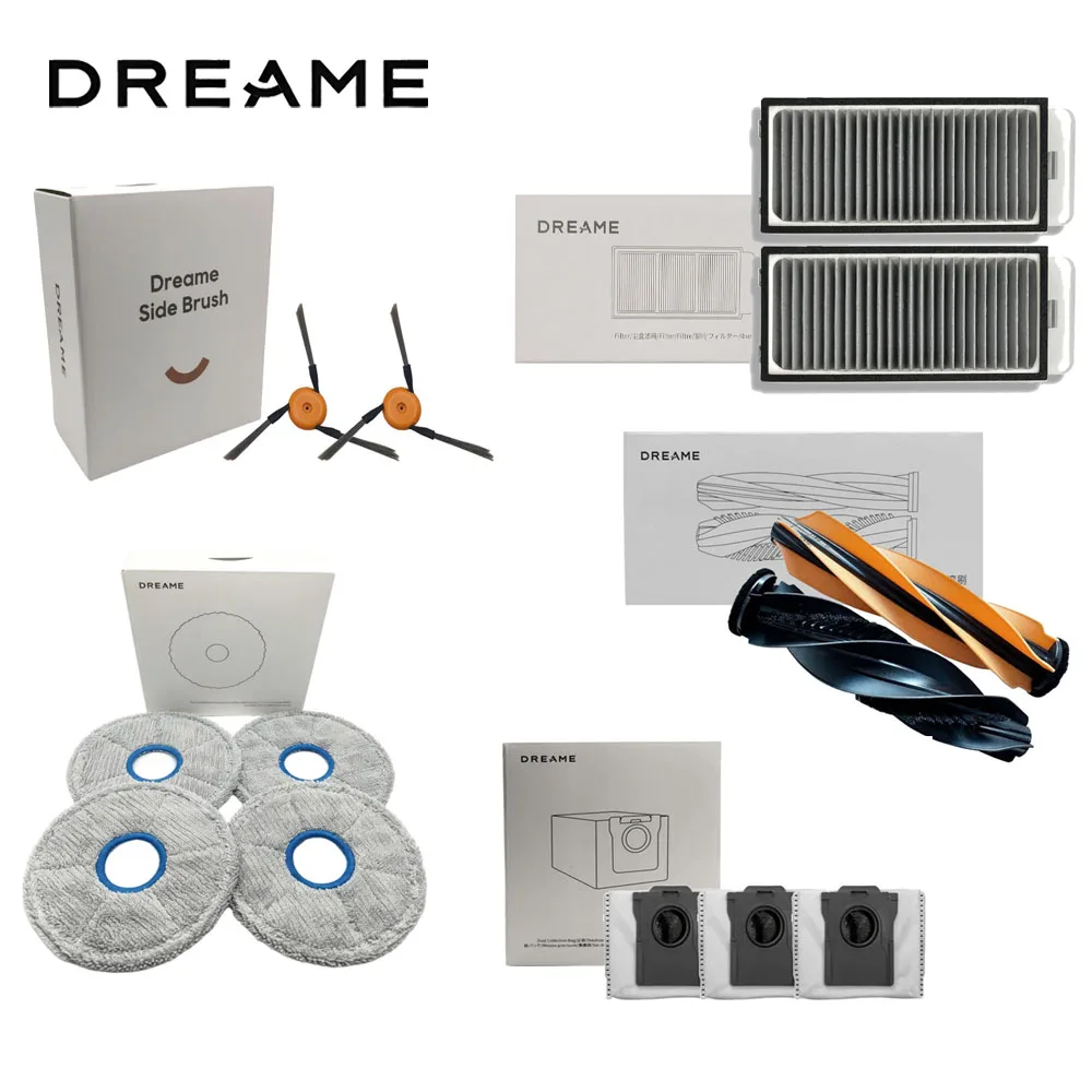 Originele Dreame L60 Pro Ultra stofzuigeraccessoires: hoofdborstel, zijborstel, HEPA-filter, dweilpads, stofzak, optionele reserveonderdelen.