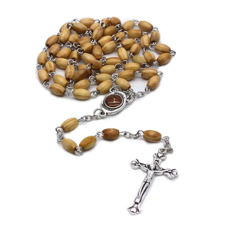 367A Handmade Round Bead Catholic Rosary for Cross Religious Wood Beads Necklace Gift