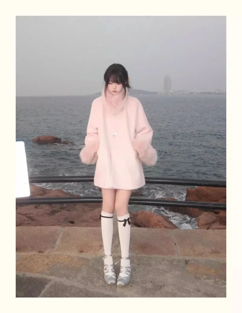 2025 New Pink Woolen Early Spring French Celebrity High Sense Gentle Wind Cloak Woolen Coat For Women