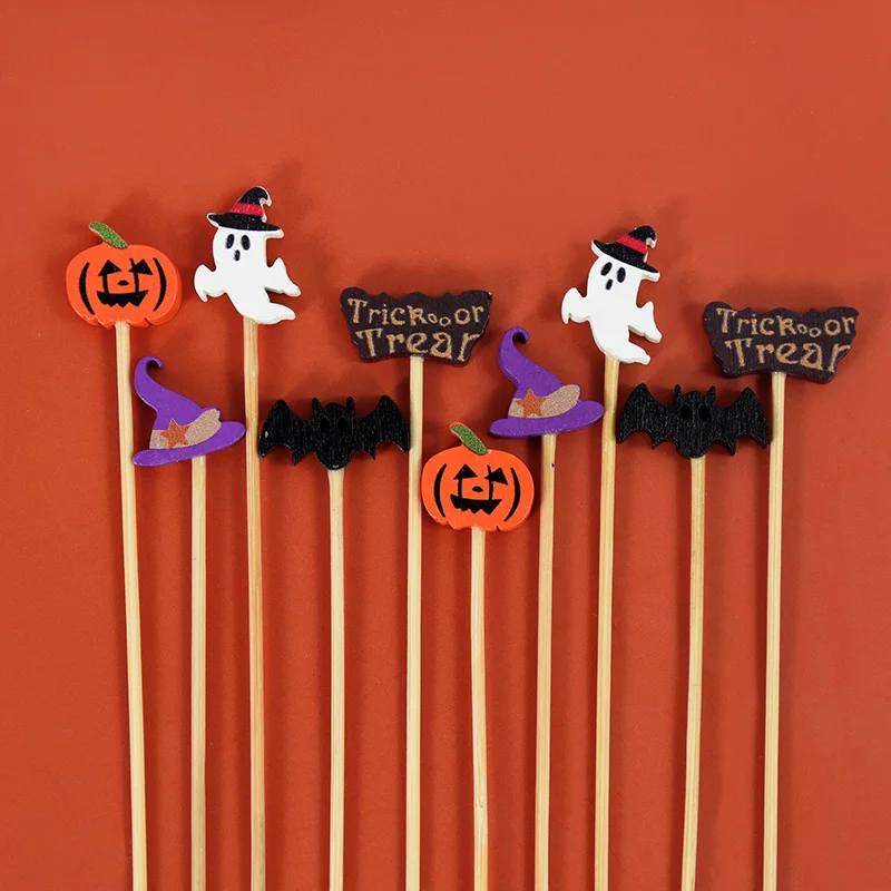 50/100Pcs Halloween Disposable Bamboo Toothpick Pumpkin Buffet Cake Fruit Fork Skewers For Halloween Party Decor Cocktail Picks