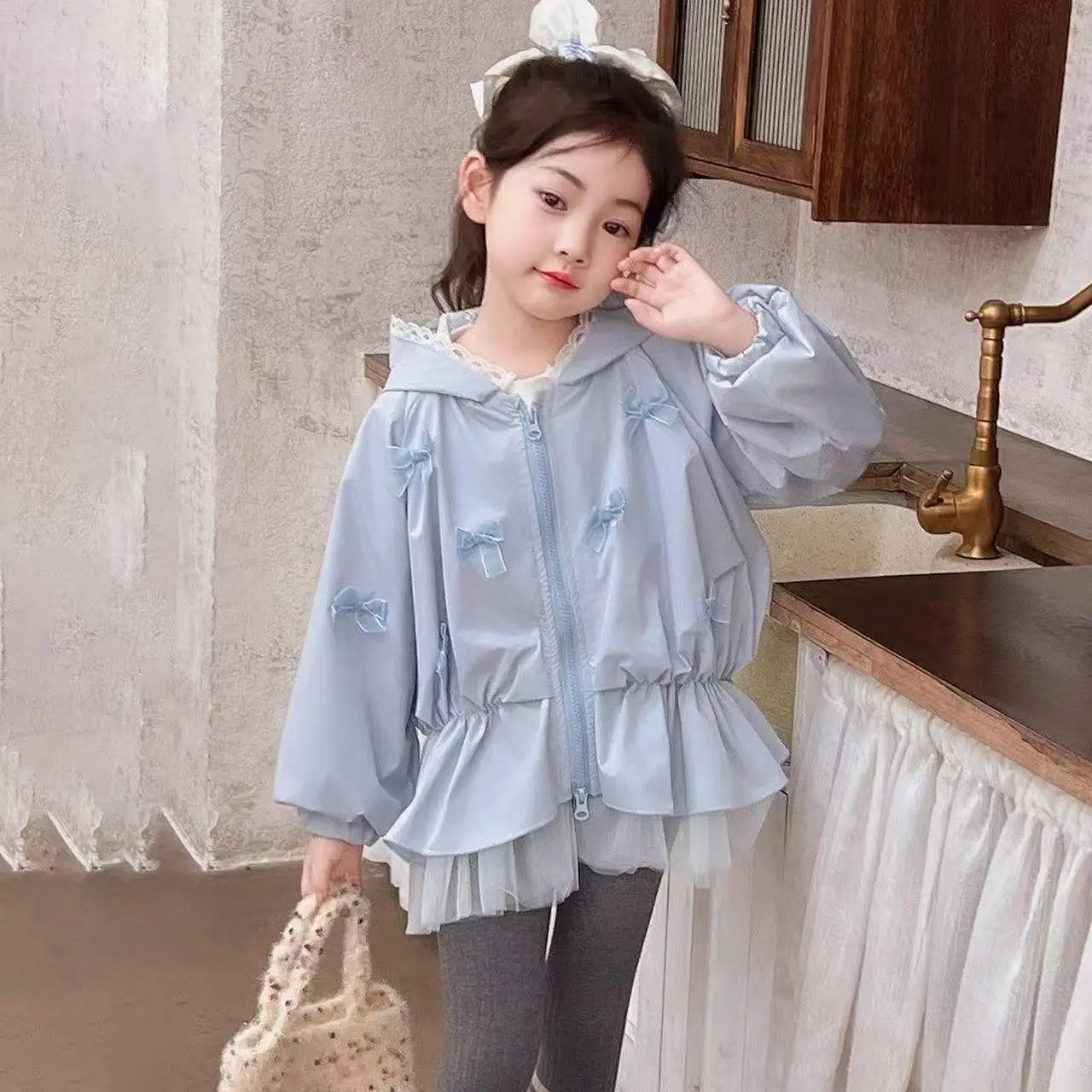 

2026 New Girls' Spring Autumn Fashionable Butterfly Knot Jacket Trendy Child's Pure Color Patchwork Lace Ruffle Coat