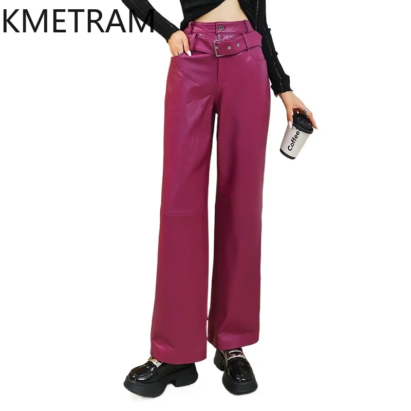 KMETRAM 100% Top Layer of Sheepskin Women Pants Autumn 2025 High Waisted Pants Genuine Leather Straight Trousers Woman Clothes