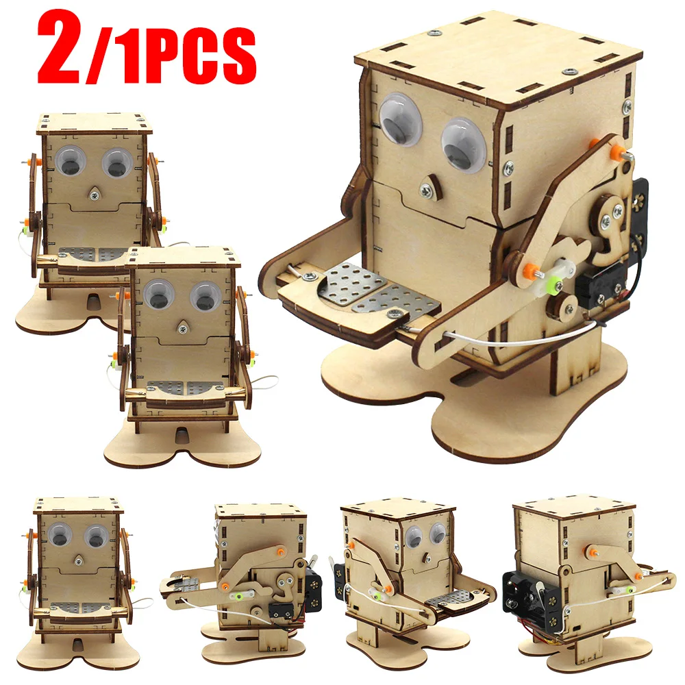 DIY Wooden Robot DIY Robot Eating Coin Invention Model Funny STEM Project Robot Assembled Model Education Learning Supplies