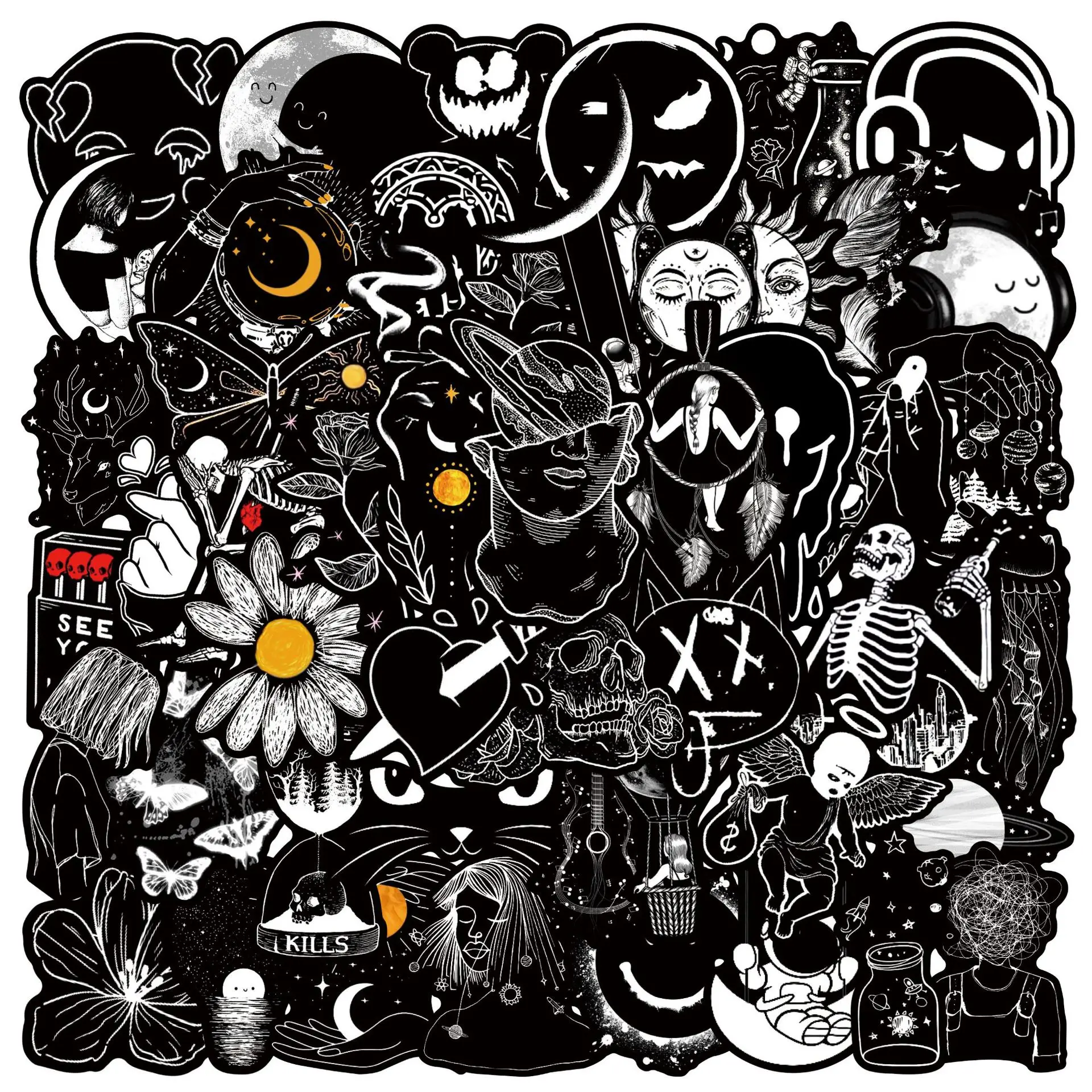50 Stück Schwarz-Weiße Gothic-Graffiti-Aufkleber Ästhetische DIY-Motorrad-Laptop-Helm-Auto-Schreibwaren-Fahrrad Coole Totenkopf-Sticker