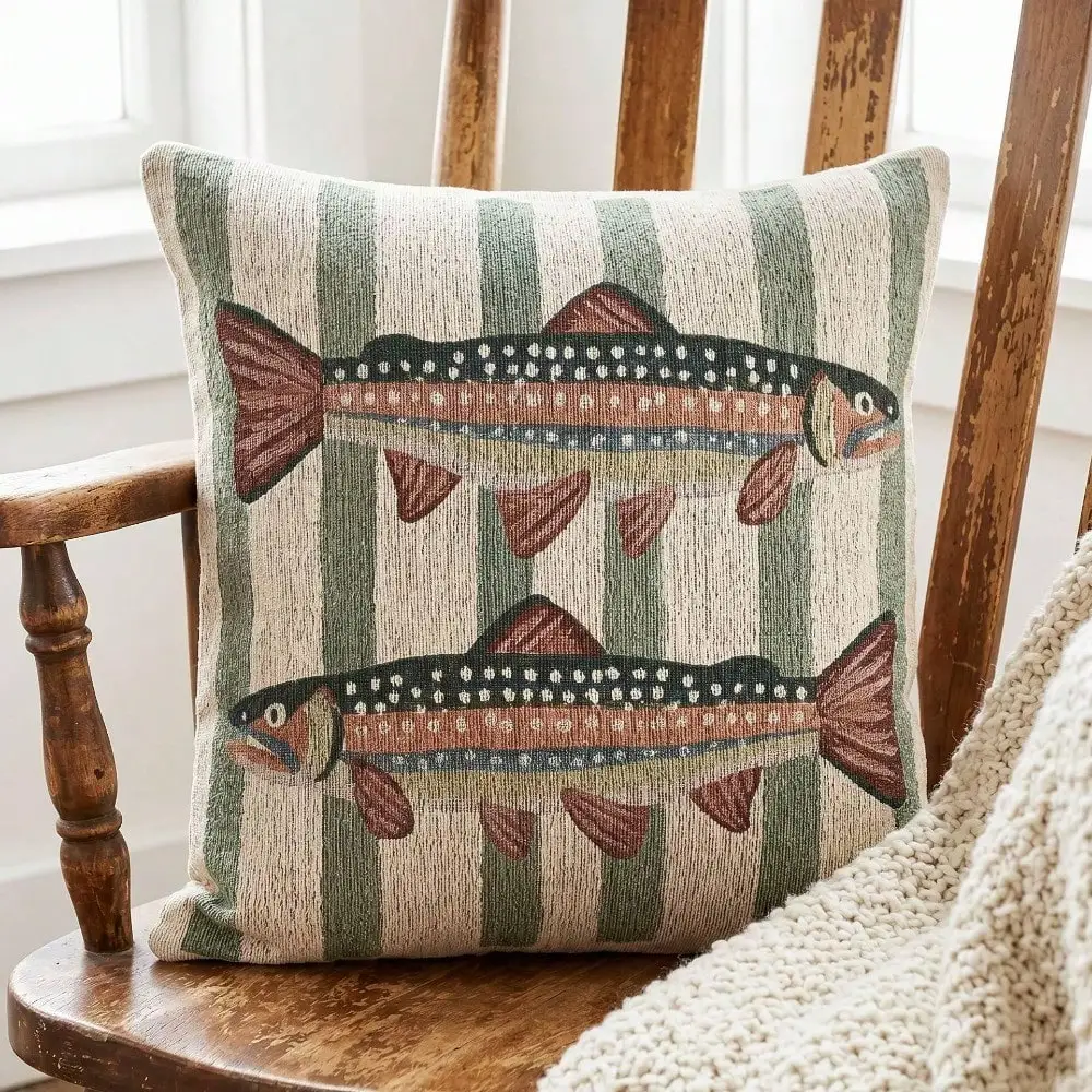 Rainbow Trout Throw Pillow 18x18 Fish Cabin Decor Trout Cushion Fishing Gift For Men Cottage Striped Accent Pillow Lodge Lake House Decor,Single-Sided Design, Faux Linen Material; Suitable For Autumn Home And Dorm Decor.Pillow Insert Not Included