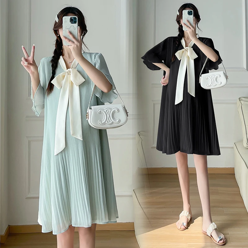 

Fashionable Large Size Pregnant Women's Dresses for Summer with Elegant Bow Buttons Fashion Maternity Pleated Chiffon Dress Cute