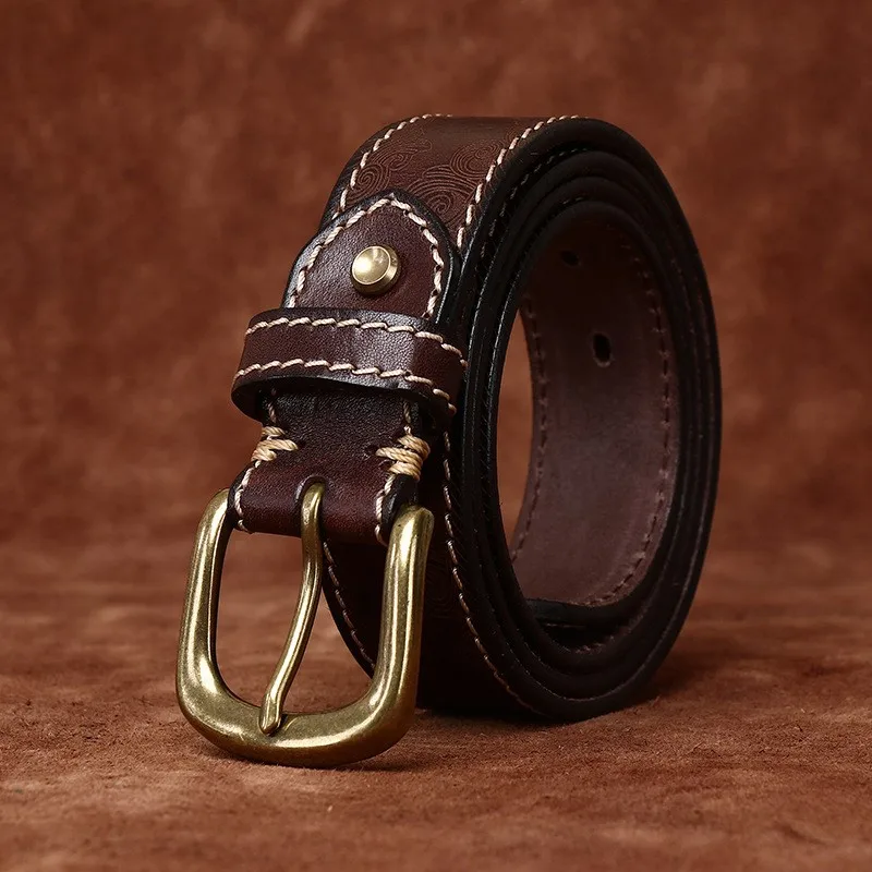 33 Wide and fashionable top layer leather laser-engraved pattern belt men's pin