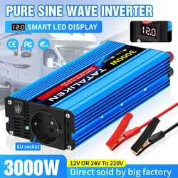 3000W Pure Sine Wave Power Inverter 12V to 230V 240V Car Converter Adapter with EU Outlets and Cooling Fan