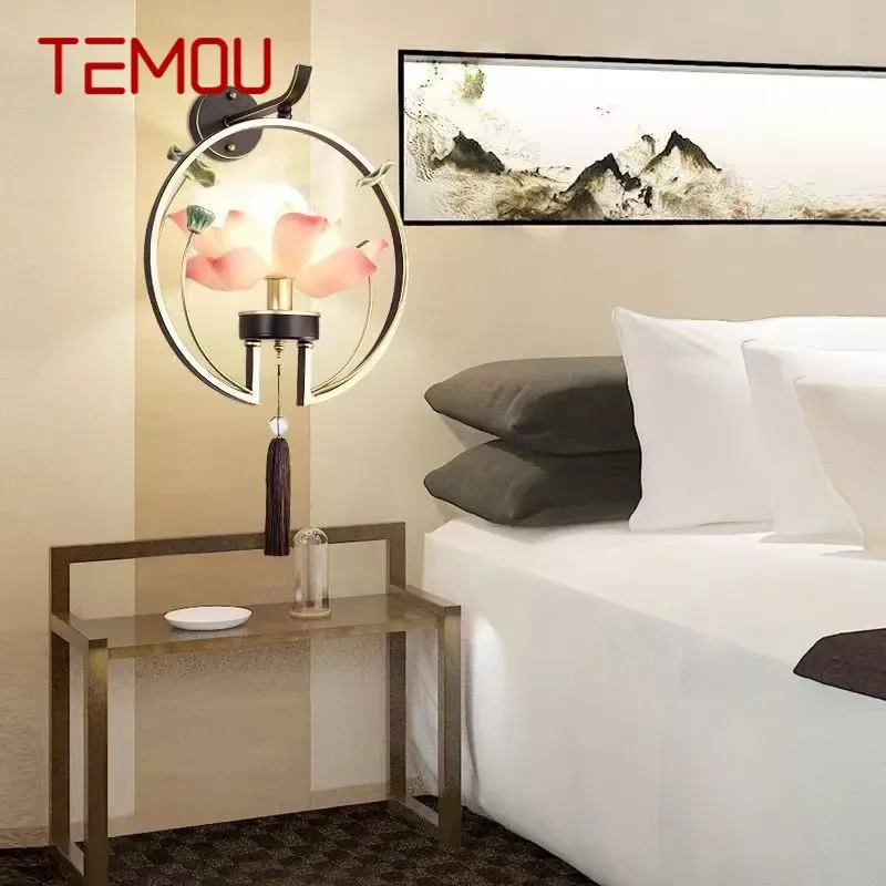 

TEMOU Chinese Style Wall Lamp Art Lotus Wall Lamp Originality Living Room Bedroom Tea Room Corridor Decorative Light