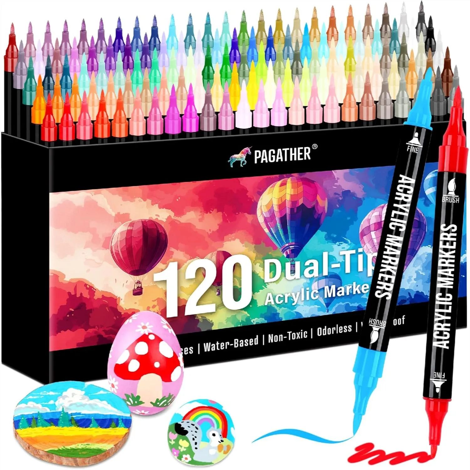 

120 Colors Acrylic Paint Markers, Dual Tip Fine and Brush Pens for Rock, Canvas, Wood, Glass, Ceramic, DIY Crafts