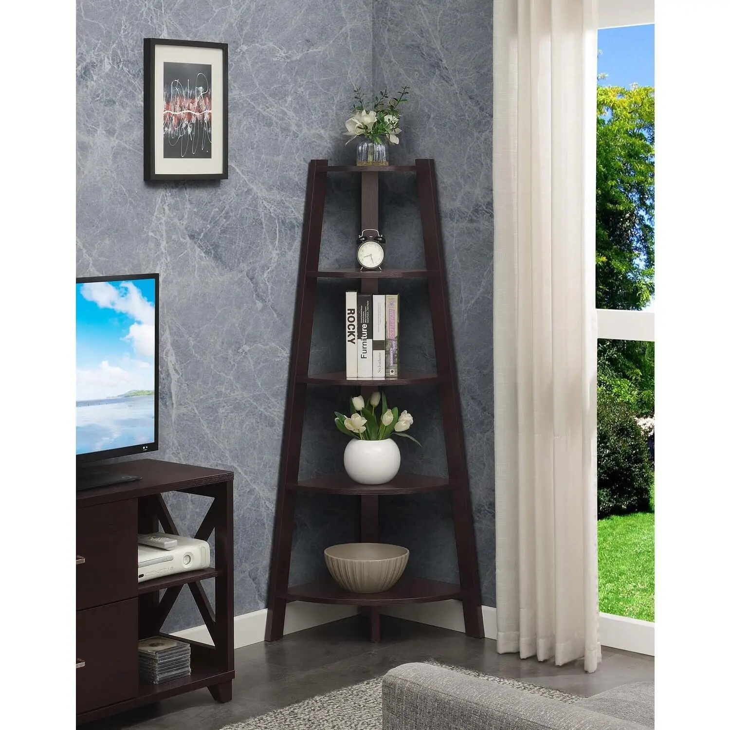 

Artistic Accomplishment 5-Tier Wide Corner Bookcase, Espresso, Space-Saving Bookshelf For Home, Office, Living, Customized
