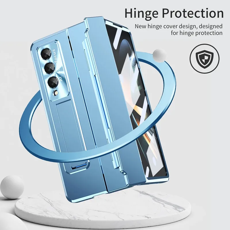 For Samsung Galaxy Z Fold 6 5 4 3 5G Case Plating Flat Hinge Bracket Protect Case Shockproof Tempered Film Cover For Z Fold5