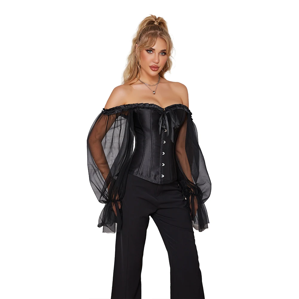 Women Long Sleeve Overbust Corset Off Shoulder Bustier Top Shirt Blouse Corselet