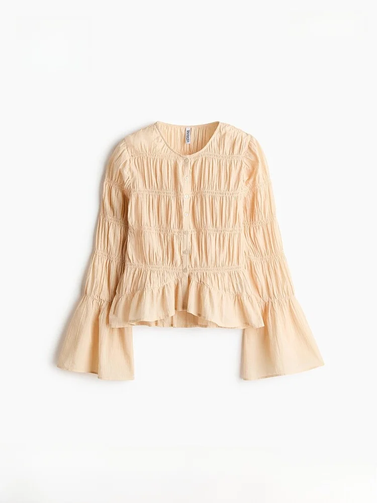 

Хлопковая блузка для женщин с плиссировкой, длинными рукавами и круглым вырезом, весенняя новинка от H&M, повседневная, приталенная модель