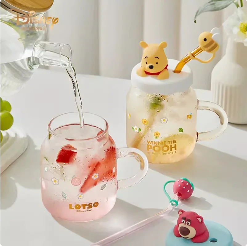 Disney Winnie Bear Glass Straw Cup High Appearance Large Capacity Water Cup Household Cup Juice Cold Soaking Cold Drink Cup