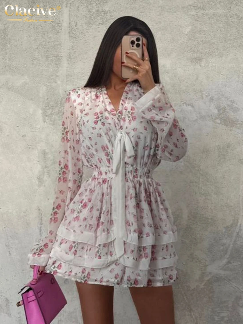 

Модное свободное женское платье Clacive с принтом, осень 2026, с отложным воротником, длинным рукавом, мини-платье, элегантное классическое плиссированное женское платье