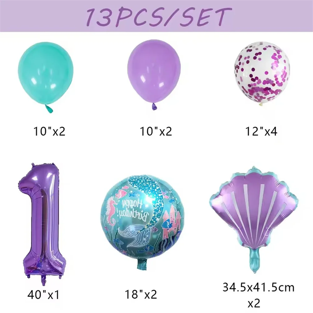 Mermaid Birthday Balloons Set 40inch Purple Number Shell Foil Ballon Girls Happy Little Mermaid 1st 2nd 3rd 4th Birthday Balloon