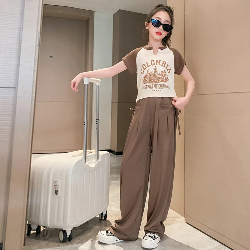

Teenager Girls Clothes Suit Summer Cotton top t-shirt+Casual wide leg pants 2pcs junior kid suit child outfits 4 6 8 10 12 14T