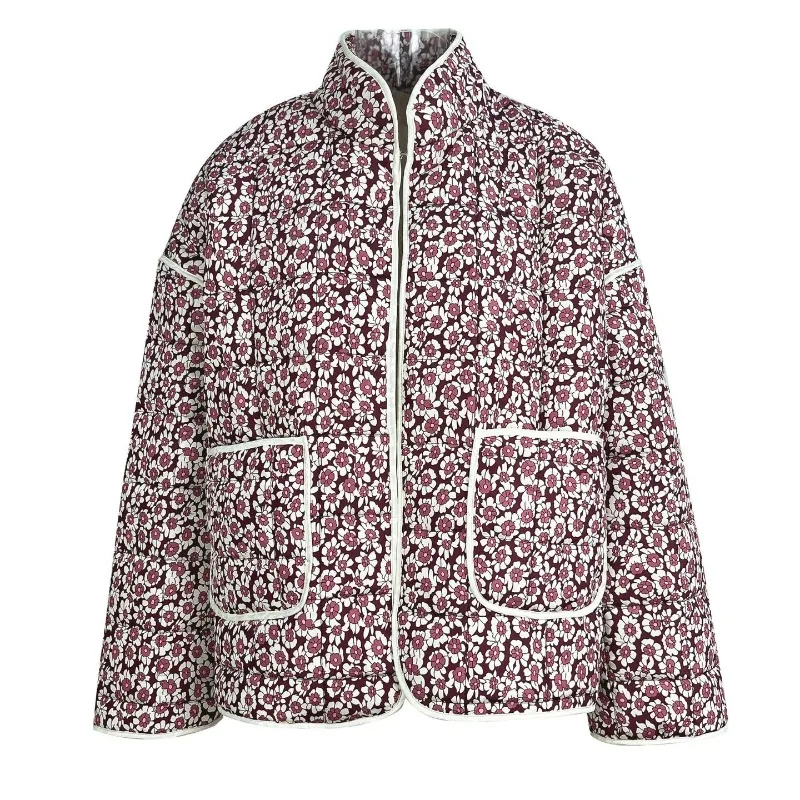 Floral Thick Jacket Women Print Patchwork Warm Pocket Female Cotton Coat 2025 Autumn Winter Fashion Loose Casual Lady Overcoat