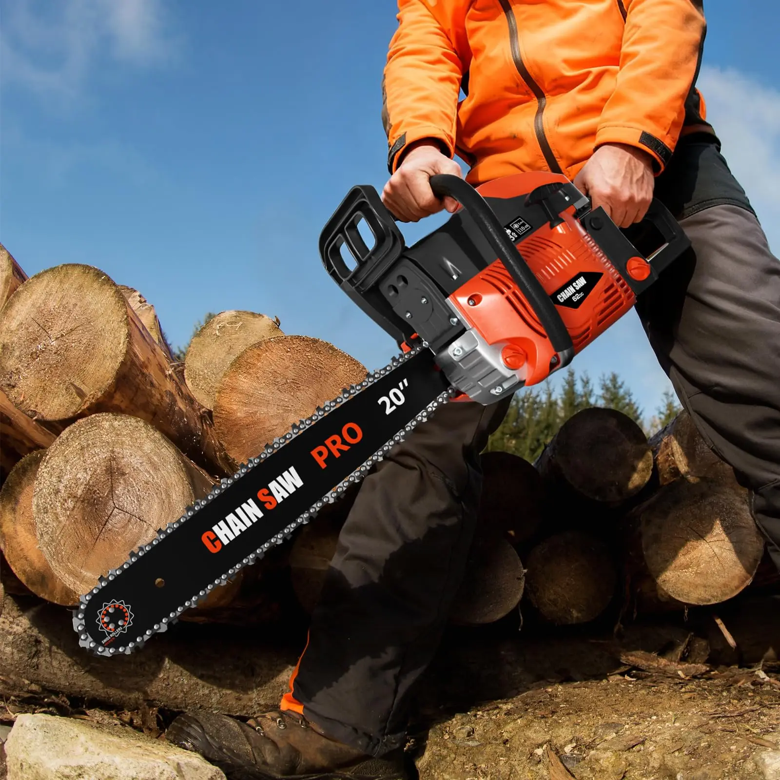 

62cc Gas Chainsaw, 18,20,22 Inch Professional Chainsaw with 2-Cycle Engine & Anti-Vibration System, Quick Start Technology for Tree Cutting, Firewood, Logging