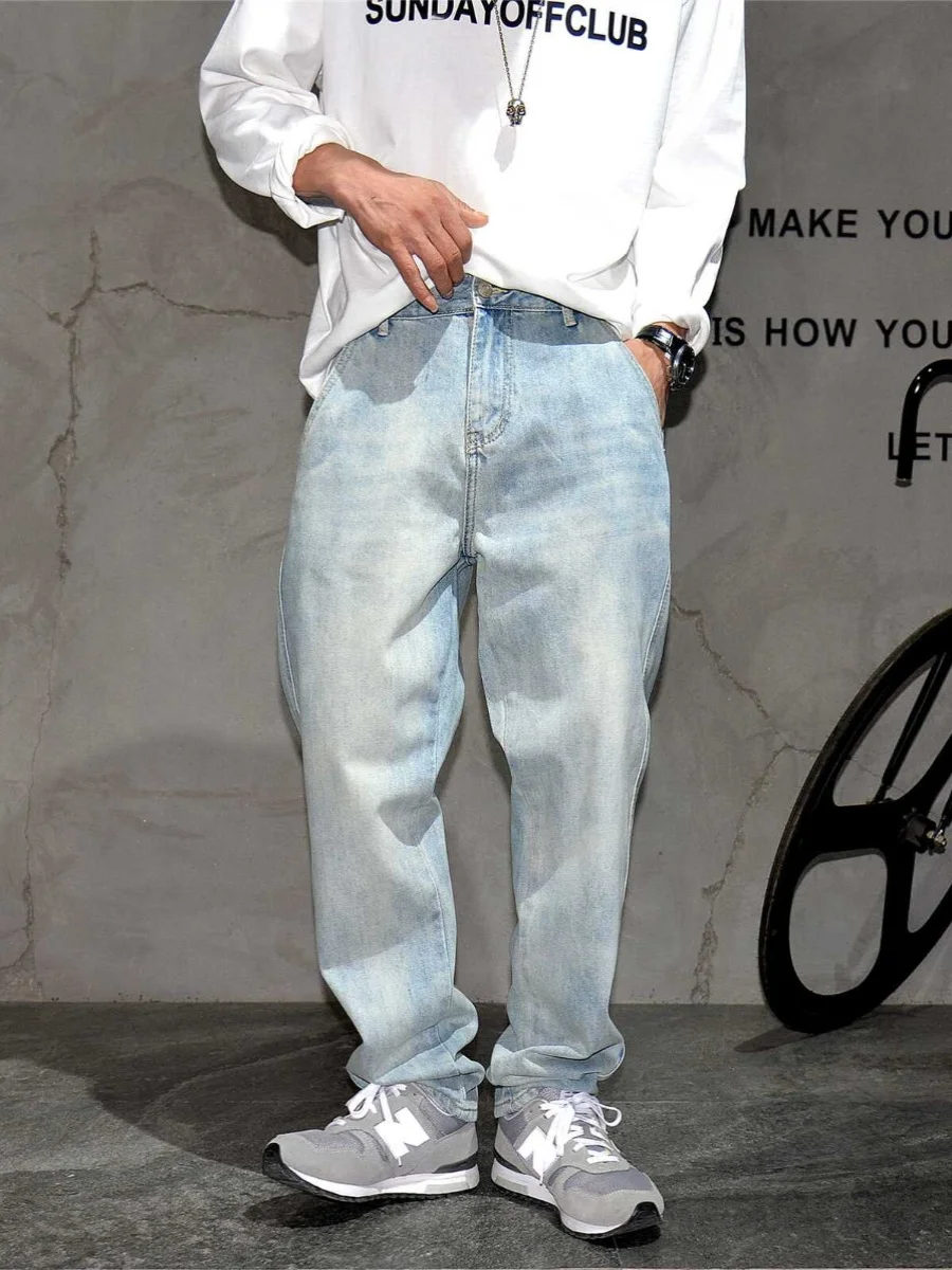 

Ретро американские светло-голубые прямые джинсы с завышенной талией, мужские повседневные универсальные новые потертые длинные брюки Sle Haome, молодежный тренд