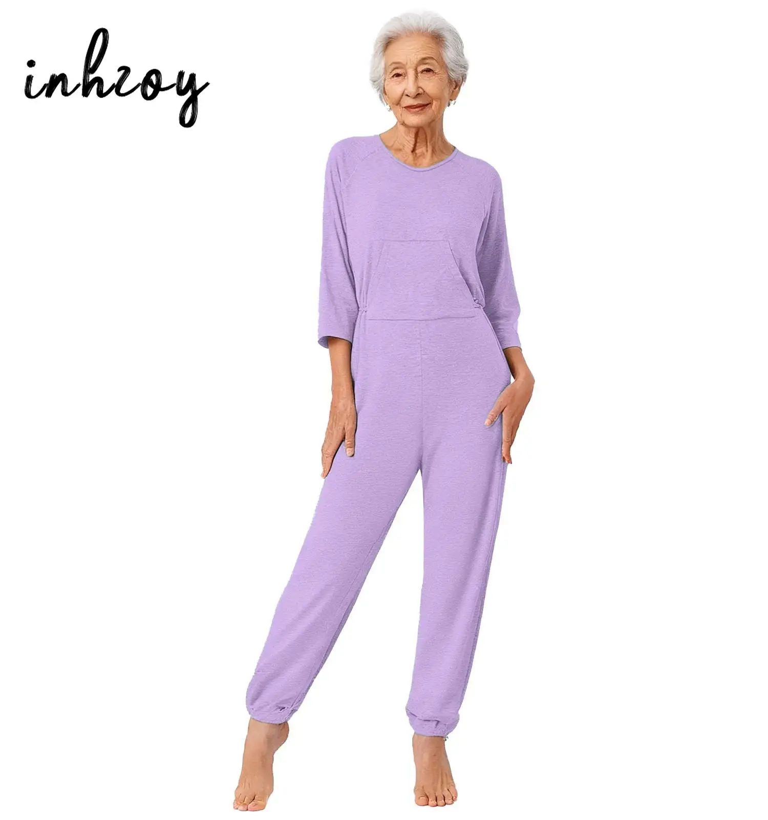 

Women Elderly Adaptive Nursing Jumpsuit with Anti Strip Design And Back Legs Double End Zip Long Sleeve Romper for Dementia Care