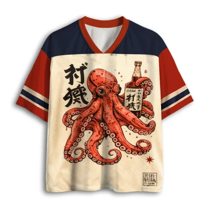 Japanese Style Octopus Wine Print Mesh Jersey V Neck Short Sleeve Casual Tee