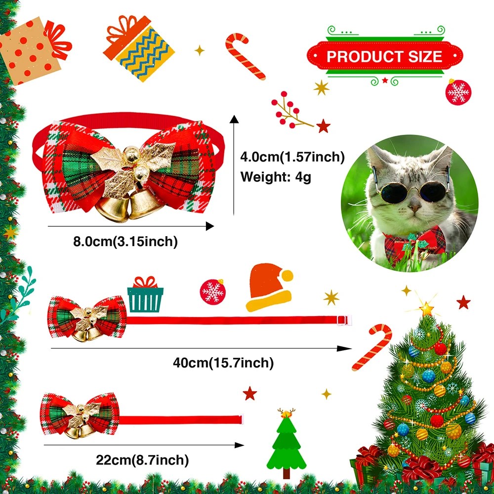 5PCS Pet Collars With Bell Christmas Adjustable Dog Bowties Neckties Plaid Dog Bow Ties Pet Grooming Accessories For Dogs