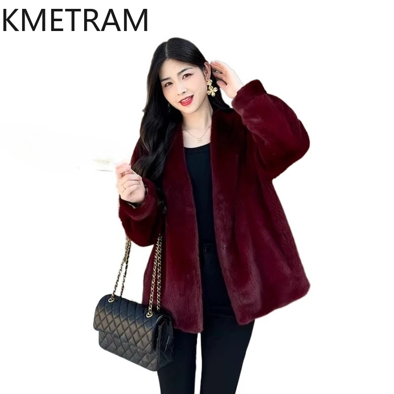 KMETRAM Samt-ähnliche 100% Natürliche Nerzpelz-Jacken Damen Mode V-Ausschnitt Echte Nerzpelz-Mantel Winterjacke Damenkleidung 2026