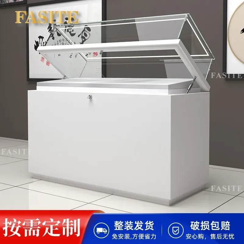 For Solid Wood Painted Glass Display Cabinet with Lamp Museum Cosmetics Sample Product Showcase Storage Furniture Home Shop