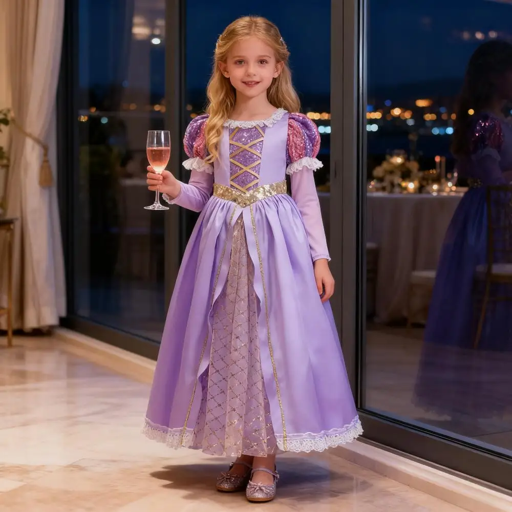

Платье принцессы Рапунцель для девочек, детский костюм для косплея на Хэллоуин, запутанный костюм, подарки на день рождения, сетчатая одежда с блестками и бантом
