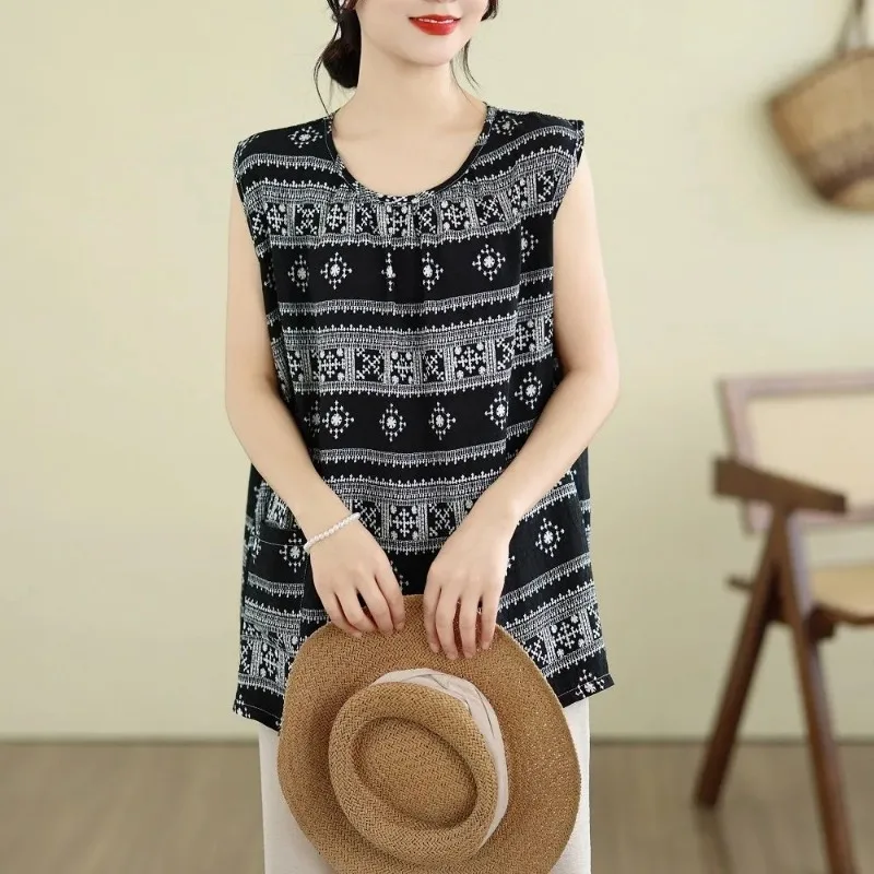 Bohemian Ethnic Print Linen Cotton  Top Women Plus Size Loose Sleeveless Summer Blouse view 5