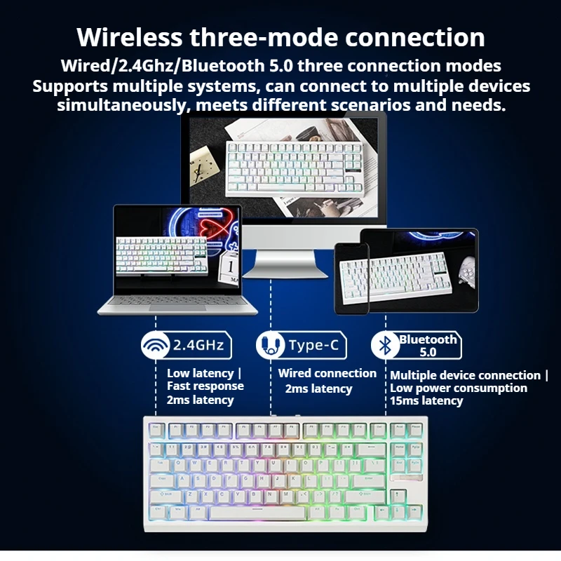 G84 Mechanical Keyboard Gasket Structure Full Key Hot Swappable Three Mode Connection ABS Frosted Fine Grain Ergonomic Design