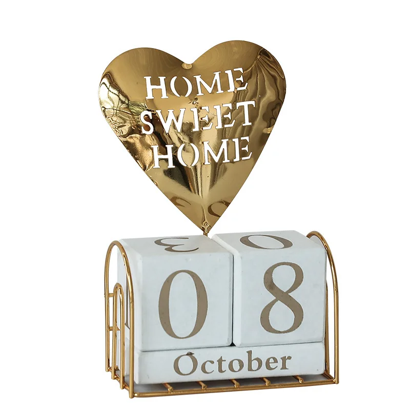 

European Style Heart Metal + Wood Calendar Stand Creative Desktop Decor for Home Office Bedroom Tabletop Ornament Gift