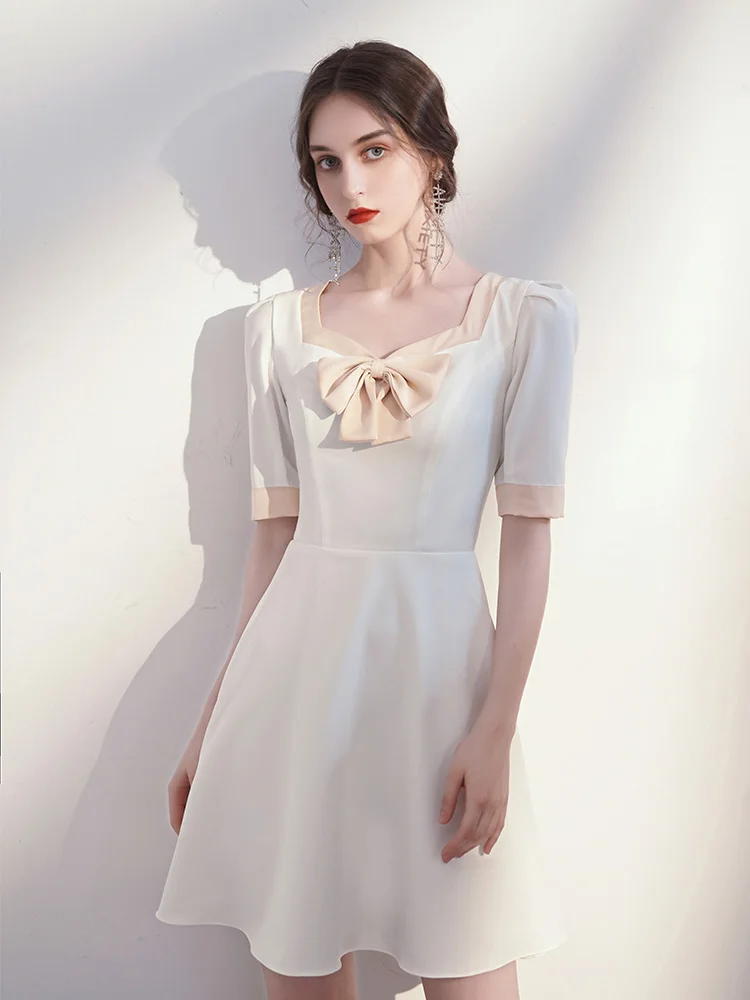 Vestidos elegantes para fiesta de cumpleaños, vestido con temperamento blanco para mujer, vestido informal con lazo acampanado, vestido de noche sencillo personalizado