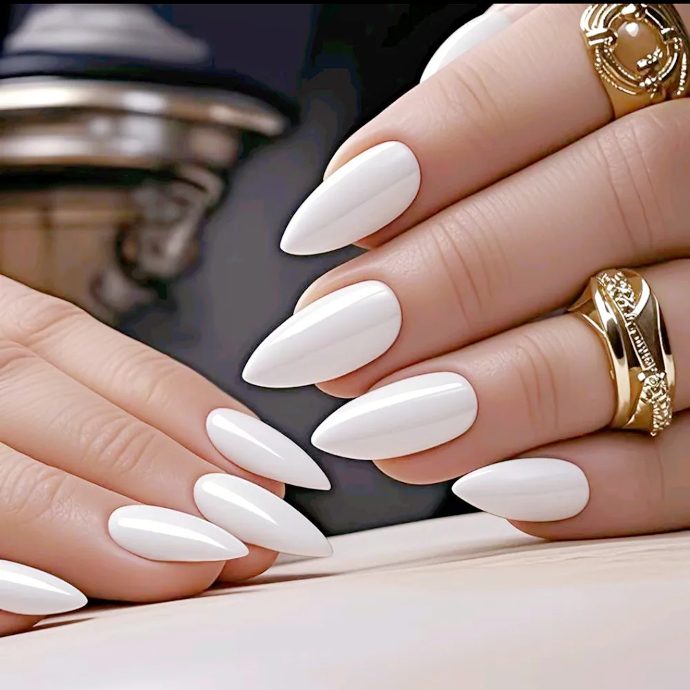 

48Pcs Shiny White Artificial Press On Nail With Glue Short Stiletto Fake Nail Full Cover Finger Tips Manicure Accessory