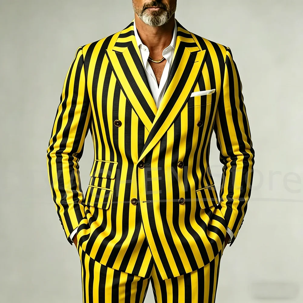 

Men Striped Double Breasted Suit 2 Piece Fashion Peak Lapel Blazer and Pants Elegant Casual Business Wedding Party Male Suit