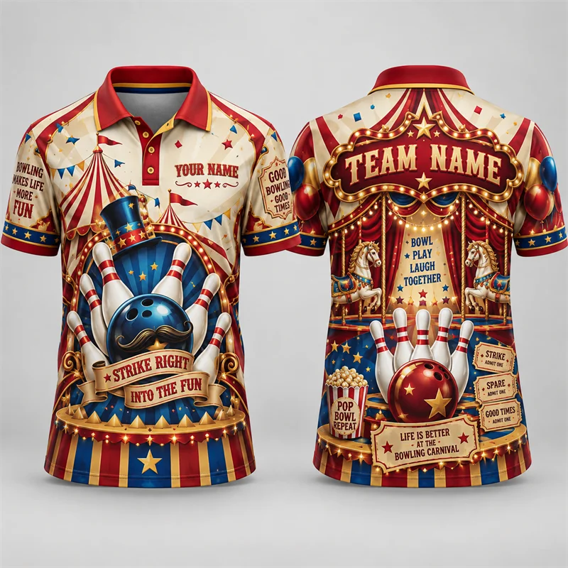 Custom Bowling Polo Shirt Personalized Name Team Name Vintage Scenic Print Short Sleeve Jersey League Tournament Sports Uniform