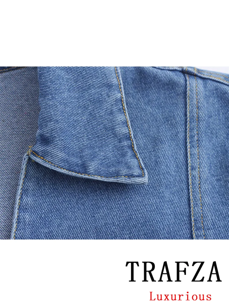 TRAFZA Vintage Casual Chic Solid Denim Koszule damskie V-Neck Kieszenie Pullover Krótka bluzka Nowa moda 2024 Jesienne topy damskie