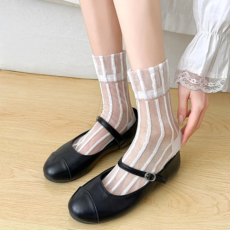 

Women Tulle Striped Transparent Crystal Silk Socks Mid Tube Ultra-thin Solid Color Summer Casual Fashion Sexy