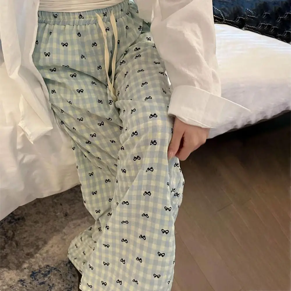 

Comfortable Stripe Plaid Bowknot Pajama Pants Sweet Thin Grid Long Pants Indoor Outdoor Homewear Casual Trousers Spring Autumn