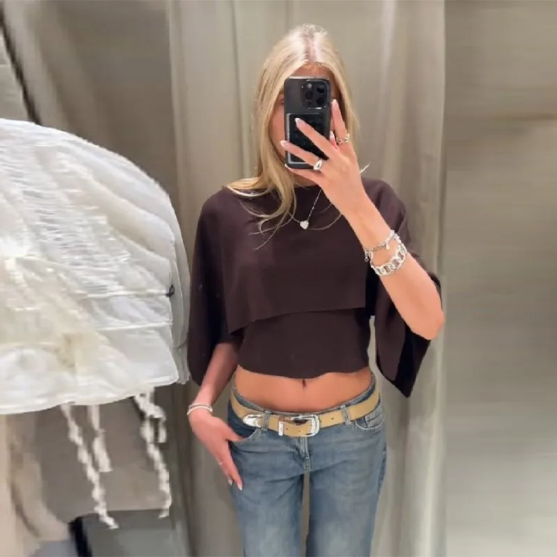 

Women Cloak Knitted Fashion Sweater Chocolate Color Long Sleeved Casual Tops Female Autumn Winter Vintage High Street Pullover