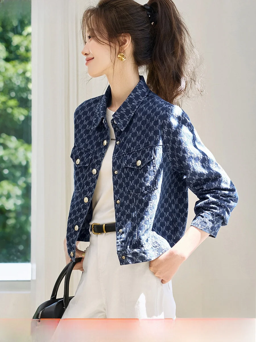 

Mehaimei Sli Letter Embroidery Denim Jaet Long Sve Turn-down Collar Simple Design Versatile ket Detail Outerwear