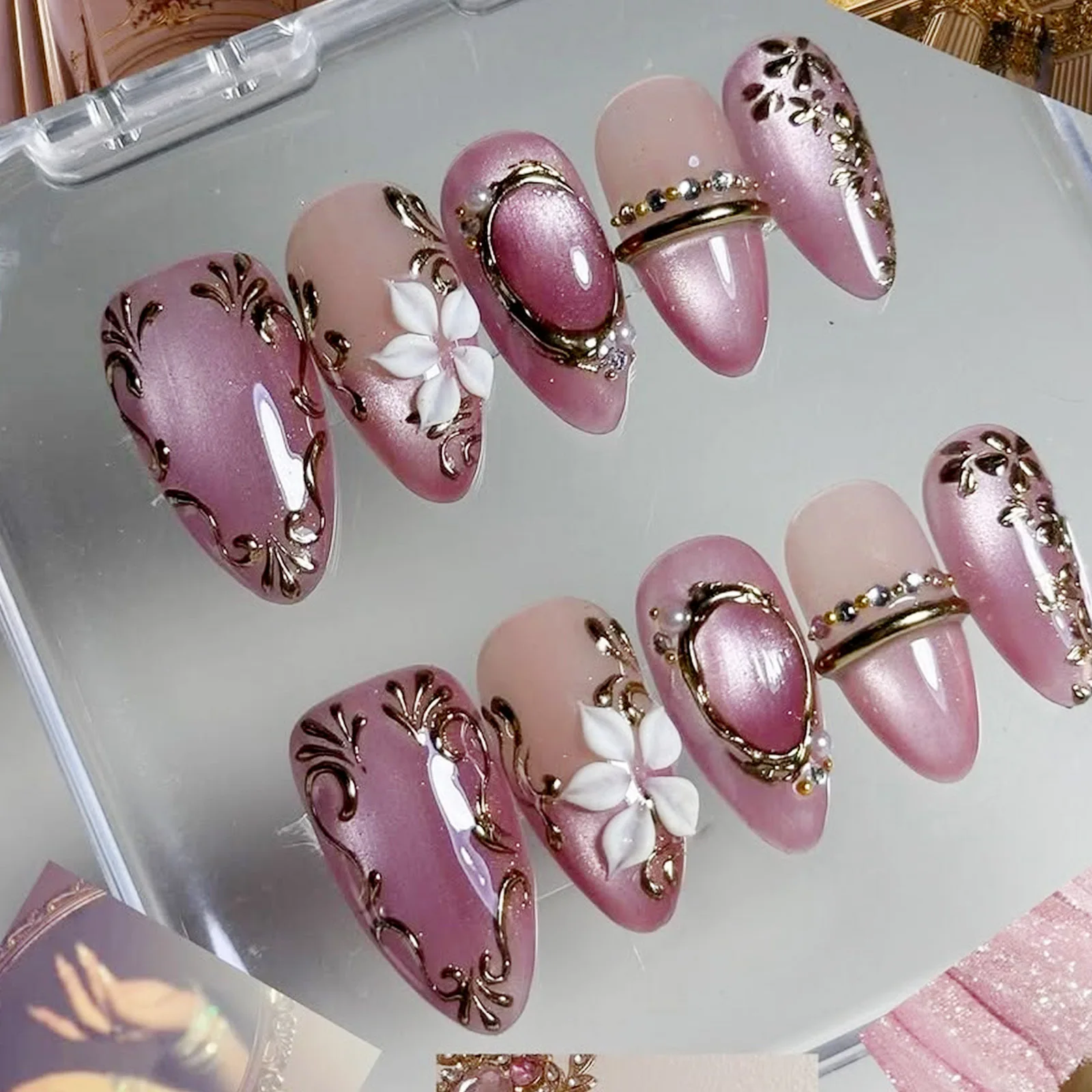 24Pcs Pink Gradient Cat's Eye Press on Nails 3D Flower Gilded Butterfly Finger Nails Stick on Almond Reusable Diamond Decor Nail
