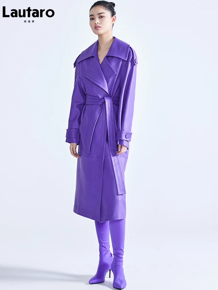 Lautaro Spring Autumn Long Luxury Elegant Purple Colored Faux Leather Trench Coat for Women Sashes Runway Designer Fashion 2022