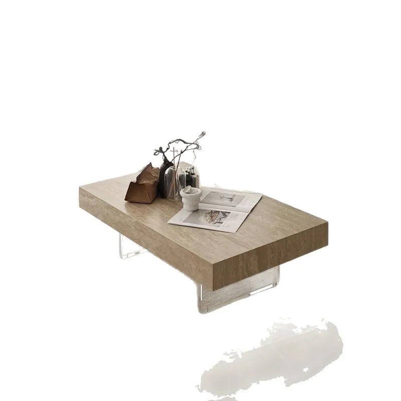 Travertine rock slab coffee table simple acrylic suspension minimalist rectangular rock slab coffee table